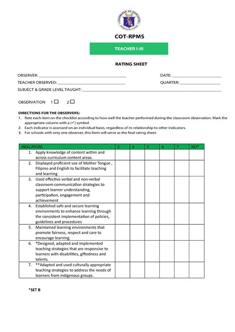 Official Form For Proficient Teachers Cot Rpms Rating Sheet Sy 2024