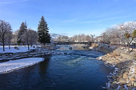 Truckee River Walk In Reno Nevada In Early Morning After Snowstorm