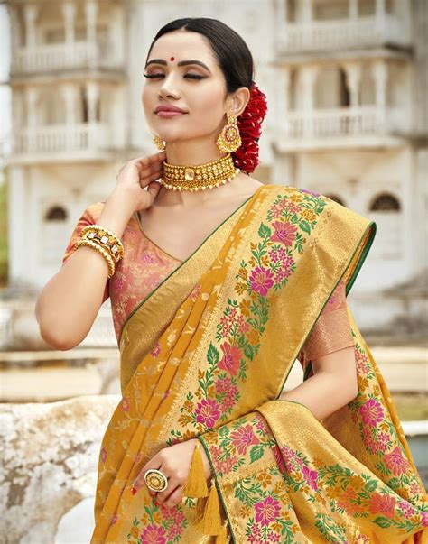 Yellow Embroidered Silk Blend Saree With Blouse Desibutik 2949393