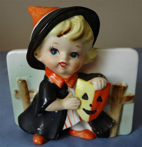 Vintage Relpo Porcelain Halloween Girl Witch With Mask Planter Retro