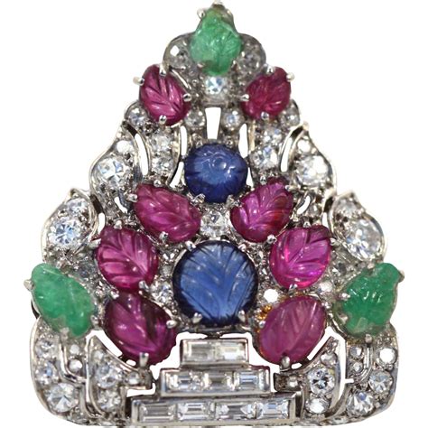 Art Deco Platinum Carved Ruby Sapphire Emerald And Diamond Tutti