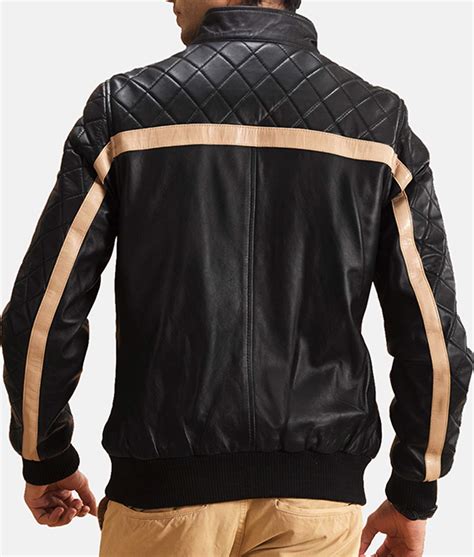 Striped Diamond Quilted Mens Black Leather Bomber Jacket Jackets Creator