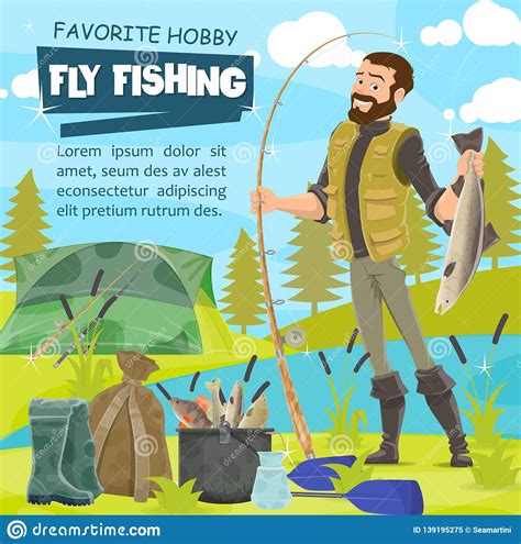 Fly Fishing Sport Fisherman And Pike Tackles Stock Vector