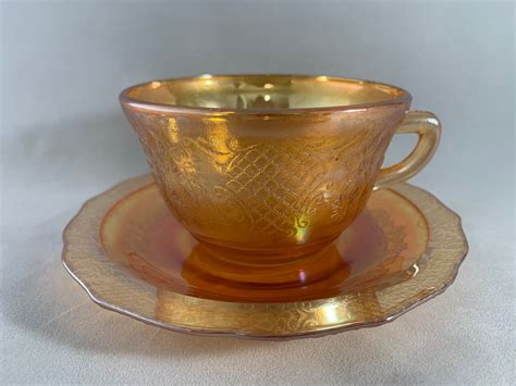 Normandie Bouquet And Lattice Pattern Depression Glass Cup And Saucer Iridescent Marigold Etsy