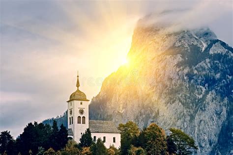 Beautiful Scenic Sunset Over Austrian Alps Lake Church On The Rock