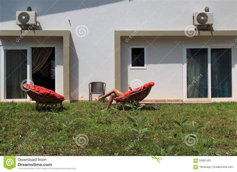 Large Backyard With A Lawn And Chairs Stock Image Image Of Door