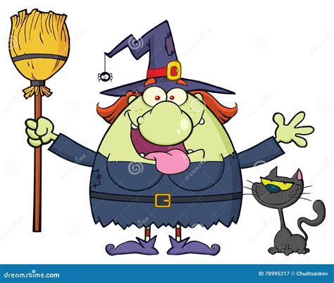 Witch Cartoon Mascot Character Holding A Broom With Black Cat Vector