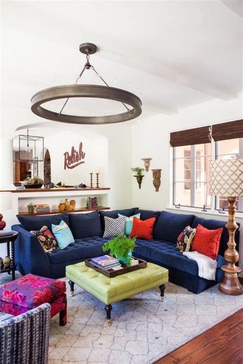 Blue Sectional With Durable Green Ottoman In Modern