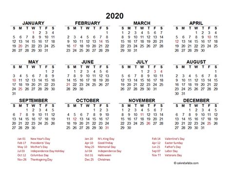 2020 Yearly Calendar Template Excel Free Printable Templates