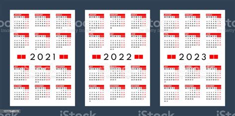2021 2022 2023 Pocket Calendars Set Monday First Stock Illustration