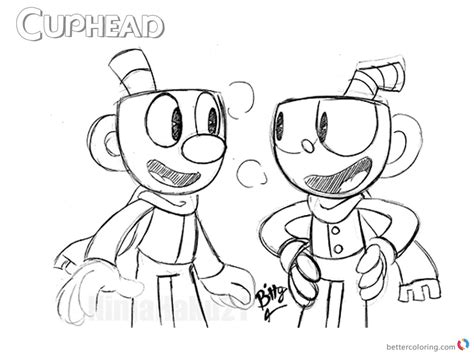 Coloring pages of the game cuphead.in cuphead, the player controls cuphead, a little white man with a coffee cup as his head. Cuphead and Mugman Sketch from Cuphead Coloring Pages ...