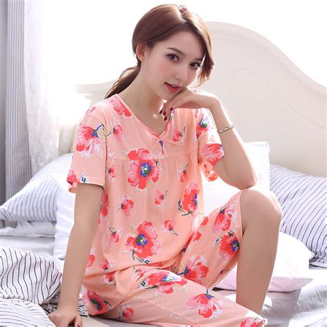 New Sale Summer 100 Cotton Floral Women Short Sleeved Pajamas Set Round Neck Loose Plus Size M