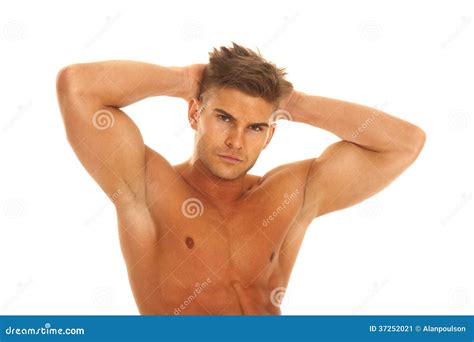 Strong Man With Hands Behind Head Upper Body Stock Image Image Of Exercising Adults 37252021