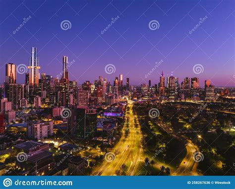 Aerial View Of Melbourne Cityscape During Sunrise Stock Photo Image