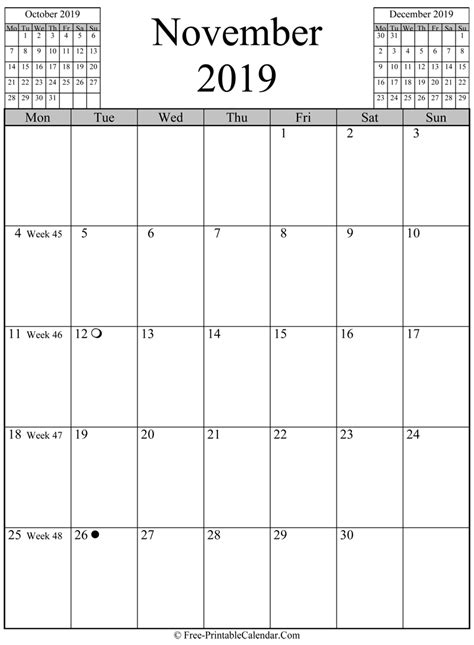 November 2019 Calendar Vertical Layout