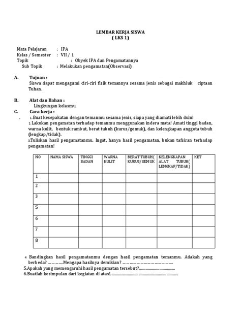 Contoh Lembar Kegiatan Siswa Lks Ipa Klas Vii Smp Pdf