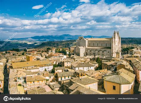 Aerial View Orvieto Cathedral Buildings Mountains Background Orvieto