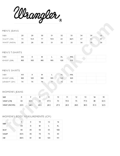 Wrangler Jacket Size Chart