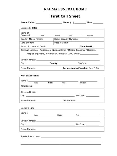 Funeral Home First Call Sheet 2020 2022 Fill And Sign Printable