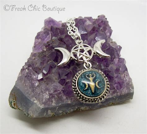 Triple Moon Pentagram And Goddess Necklace Pagan Necklace Etsy Uk