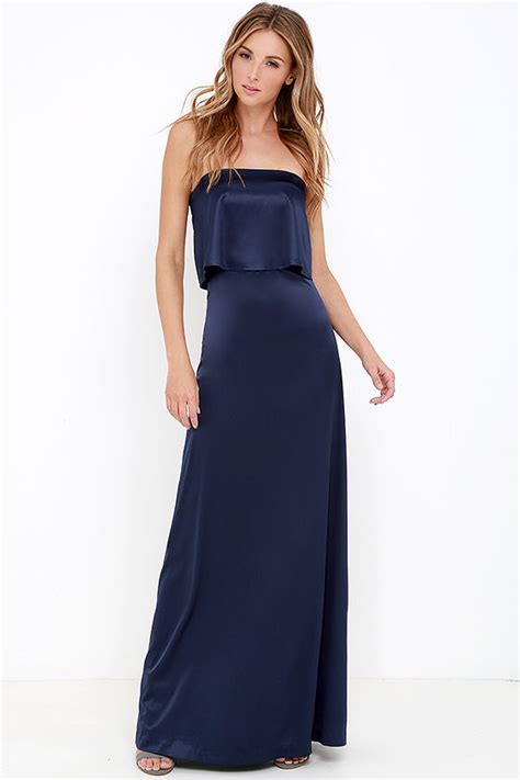 Lovely Navy Blue Maxi Dress Strapless Maxi Dress Satin Dress 78 00 Lulus