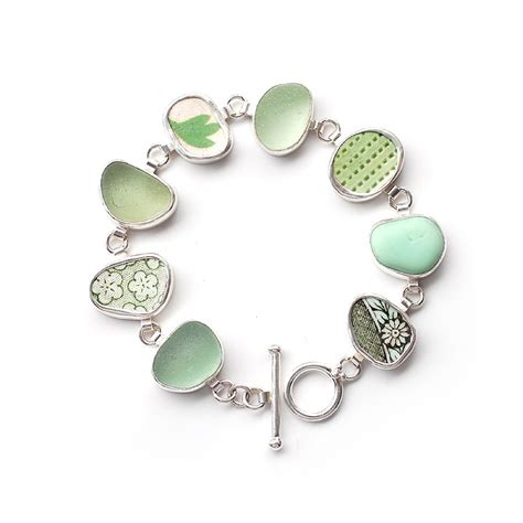 Found Objects Pale Green Sea Glass And Pottery Shard Bracelet By Tania Covo Sea Glass