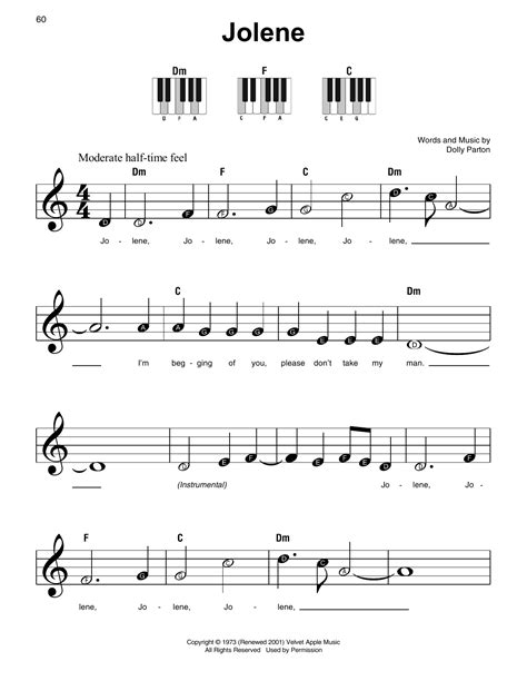 Jolene Sheet Music Dolly Parton Super Easy Piano Easy Piano