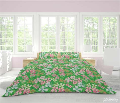 Floral Duvet Cover In Green And Pink Contemporary Floral Etsy
