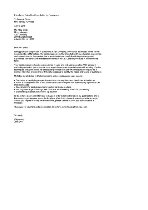 Use this letter example for your job applications after amending as suitable. Entry Level Sales Rep Cover Letter No Experience - How to ...