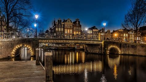 Download 1920x1080 Netherlands Amsterdam Bridge Buildings Night