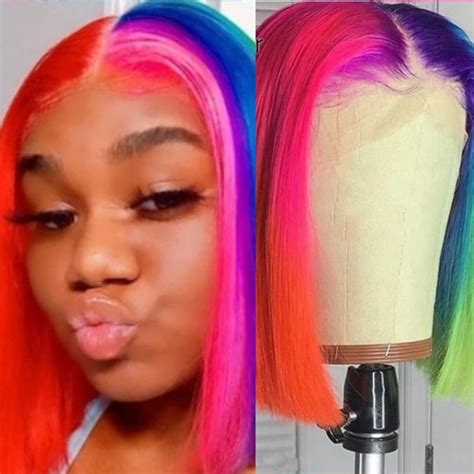 Rainbow Bob Wig Lace Front Wig 150 Density 100 Human Hair Nexahair