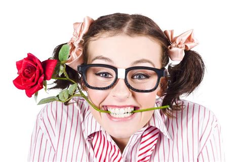 Cute Smiling Woman Wearing Nerd Glasses With Rose Stock Image Image