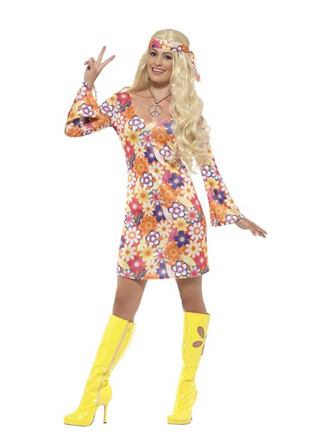 60s 70s Fancy Dress Costume Swirl Flower Power Hippy Hippie Retro Boots
