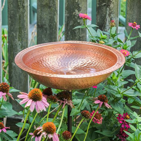 Solid Copper Hammered Birdbath With Rim On Garden Stake