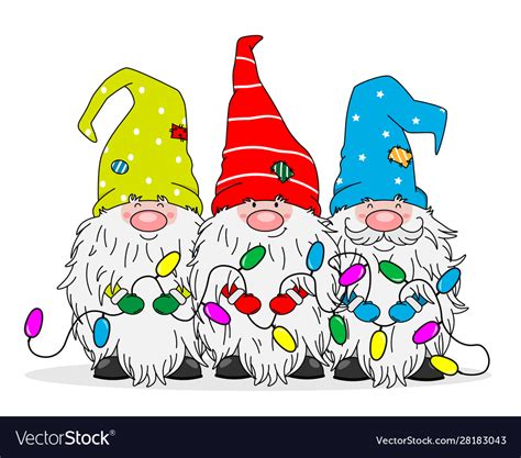 Three Gnomes With Christmas Lights Royalty Free Vector Image