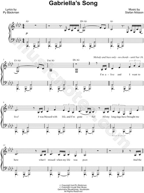 There may be restrictions on the use of the music, and that is detailed in the licence page. "Gabriella's Song" from 'As It Is In Heaven' Sheet Music ...