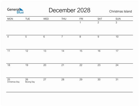Printable December 2028 Monthly Calendar With Holidays For Christmas Island