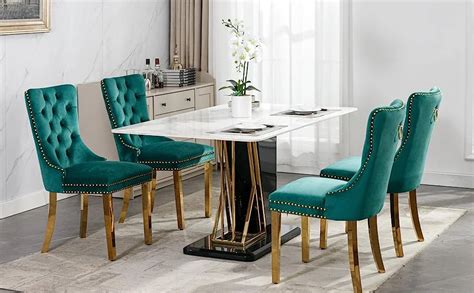 Hot Selling Green Velvet Tufted Upholstered Gold Metal Legs Nailheads Decorate High Back Dining