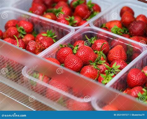 Plastic Containers Full Of Organic Red Strawberries In Fridge Stock