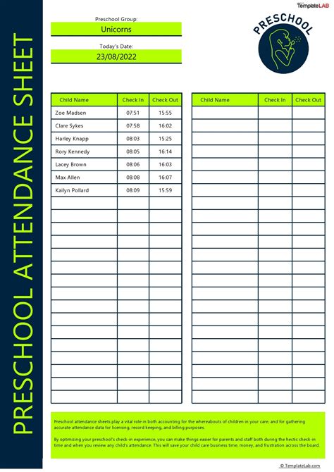 Printable Daycare Attendance Sheet Template