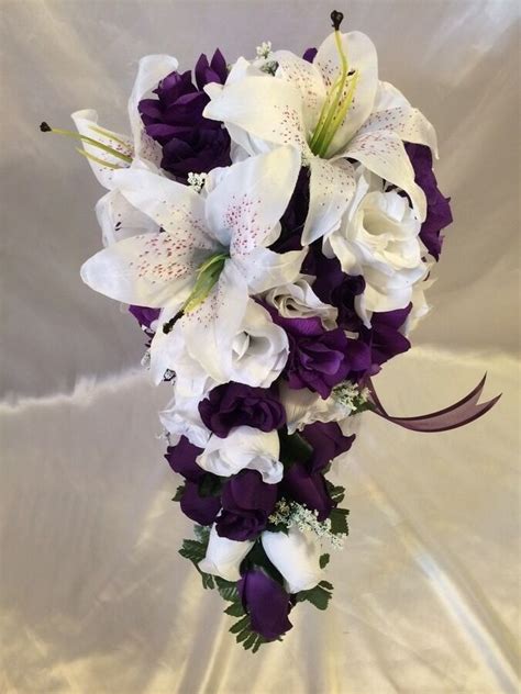 Plum White Wedding Bridal Bouquet Silk Flower Package Tiger Lily