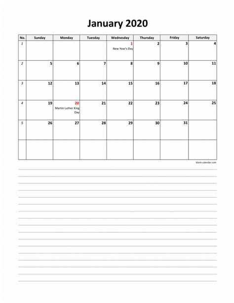 Free Download 2020 Excel Calendar Large Day Boxes Space For Notes