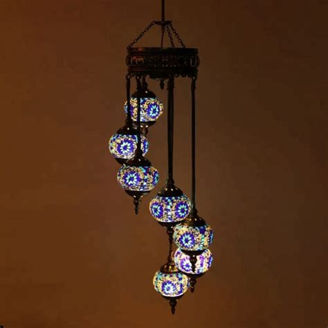 Chandelier Helical 7 Globes Turkish Moroccan Style Mosaic Multicolour