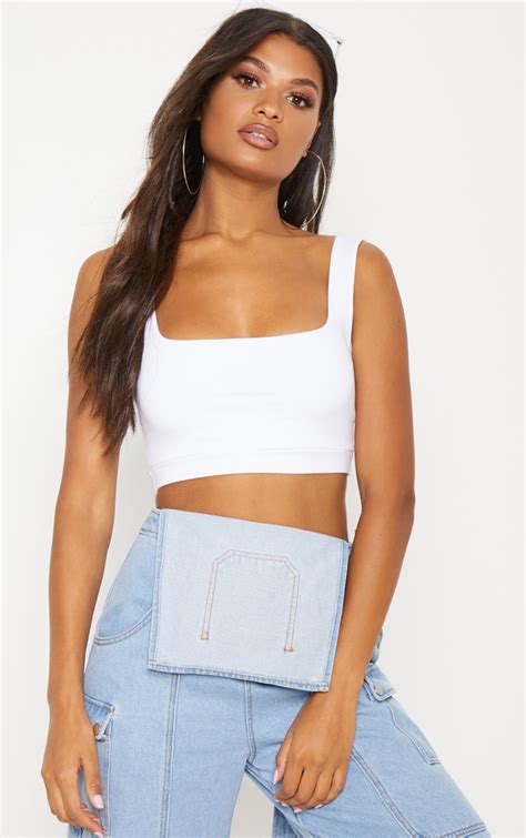 white sleeveless square neck crop top tops prettylittlething il