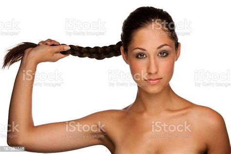 Portrait Brunette Girl Holding Her Hair In Hand Stock Photo Download