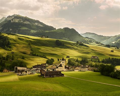 Wallpaper Switzerland Meadows Green Fields Village Alps Mountains