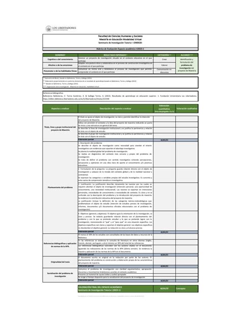 Rúbrica De Evaluación Seminario De Investigación Tutoría I Pdf Estilo Apa Conocimiento