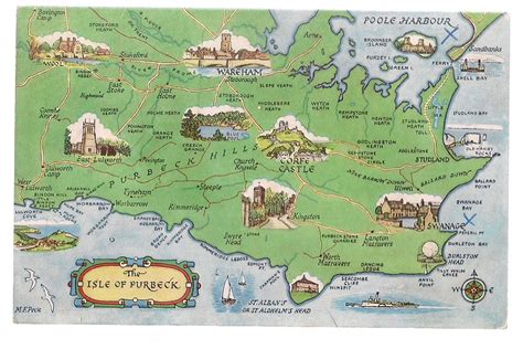 Map Of Isle Of Purbeck Swanage Dorset Unused Vintage Postcard By J