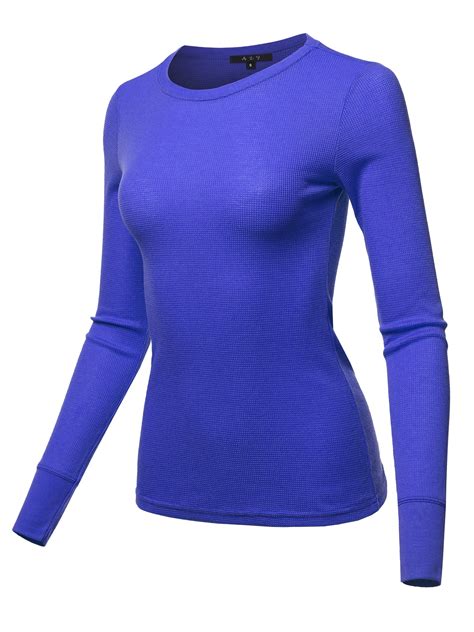 A2y Womens Basic Solid Long Sleeve Crew Neck Fitted Thermal Top Shirt Ink Blue M