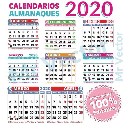 Esta página contiene un calendario nacionales de todos los días feriados de 2021 en ecuador. Kits Calendarios 2020 Almanaques Vectorizados 100% ...